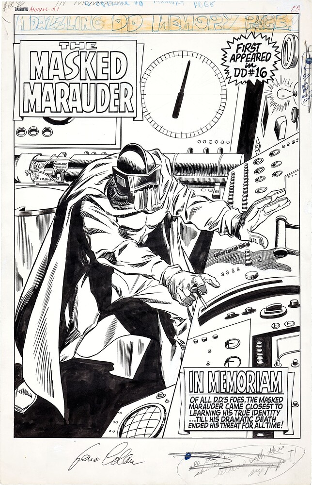 DAREDEVIL ANNUAL 1 THE MASKED MARAUDER PIN UP   INK TARTAGLIONE   1967