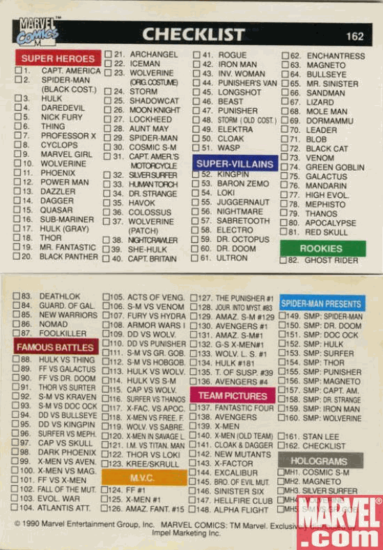 Marvel Universe I Cards page 162 full