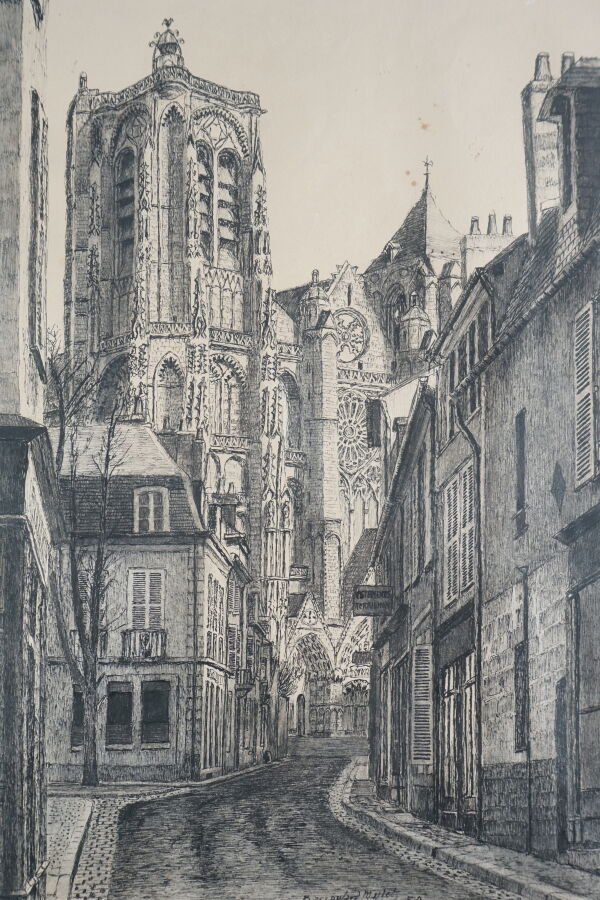 Marcel BASCOULARD (1913-1978), "Cathédrale de Bourges" Décembre 1950,  dessin à l'encr...