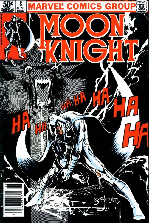 Bill Sienkiewicz 1981: Moon Knight #8 The first of many minimal-color covers for Moon Knight, all of which are graphically compelling.