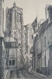 Marcel BASCOULARD (1913-1978), "Cathédrale de Bourges" Décembre 1950,  dessin à l'encr...