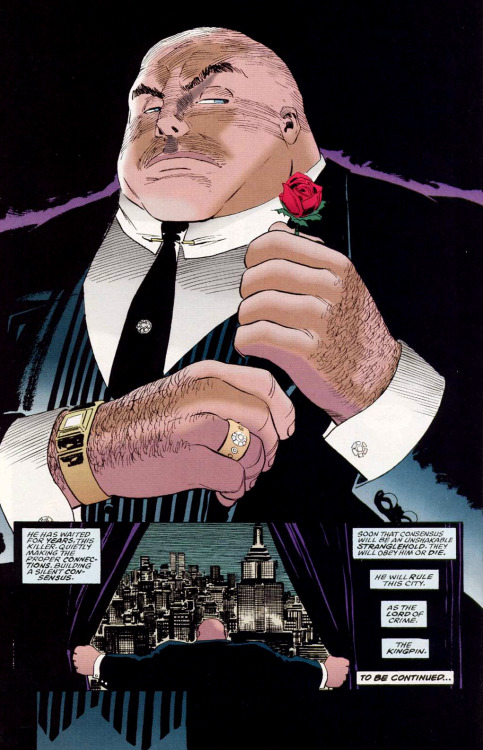 John Romita Jr. 1993: Daredevil: The Man Without Fear #3 / Inker: Al Williamson I love how JRJR takes Fisk out of his white dinner jacket and purple striped pants and put him in something with a little more verisimilitude.
