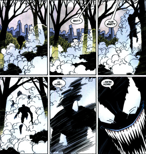 John Romita Jr. 2000: Peter Parker, Spider-Man #17 / Inker: Scott Hanna JRJR takes advantage of the fog and silhouettes to make Venom’s emergence especially menacing.